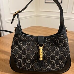 Gucci Jackie 1961 Style Bag Black GG Denim Canvas Gold Hardware